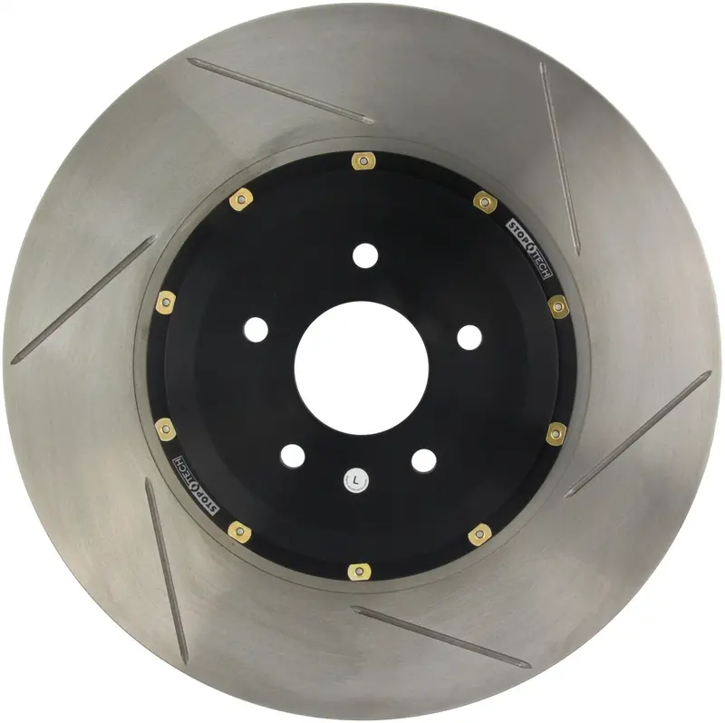 Stoptech Aerorotor – Front Left, Two-Piece Drilled Rotor With Black Zinc-Coated Hat 1